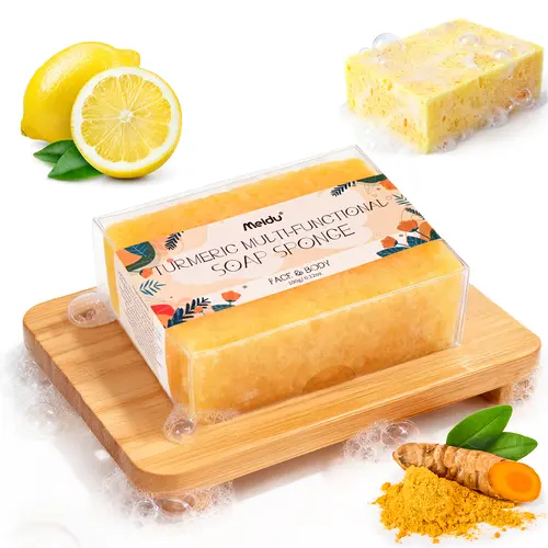 MEIDU Fragrance-Infused Turmeric Multi-functional Bath & Body Soap Sponge - Gentle Cleansing, Exfoliates, Moisturizes, Brightens, Radiant, Sensitive Skin Safe, Full Body Use, Acne & Dark Spot Care, with Coconut-Olive Oil & Shea, All Skin Types