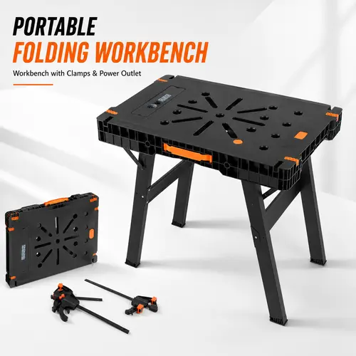 TLGREEN Sturdy Folding Workbench - 31.5" Tall Worktop, 2 Clamps, 8-Connectors Power Strip, 33.9" W x 22.4" D, 1500lbs Capacity, Compact Foldable Legs, Portable for Home DIY Projects, Table Saw Use