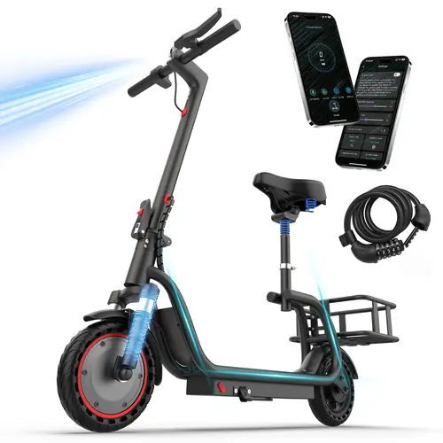 Electric Scooter with Seat & Basket 350W Motor 8.5 Solid Tires Top Speed 19mph Max 16/28 Miles Foldable E-Scooter with Suspension Digital Display for Adults Teens