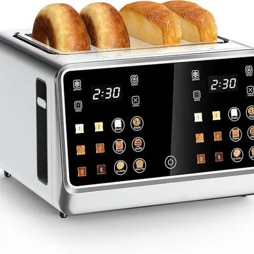 Dear Morning 4-Slice Digital Smart Stainless Steel Toaster - Touchscreen Dual Control Panel, Single Slot Timer, Reheat/Defrost Functions for Bagels, Bread, Durable Kitchen Essential Household Appliances