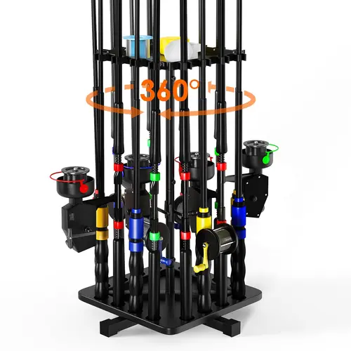 MOKO Carbon Steel Fishing Pole Holder for Garage - 360° Rotating Brackets Mount, 16 Rod Capacity, Holds 16 Fishing Rods, Sturdy Compact Space-Saving Easy-Install Organizer, 11.81"d x 11.81"w x 30.12"h Black Shelf for Men