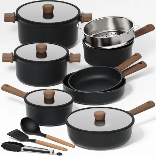 [Official] CAROTE 15Pcs Nonstick Cookware Set, Non Stick Pots and Pans Set with Wooden Handle, Heat resistant, Kitchen Utensils