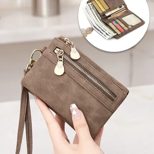 Women's Short Bifold Wallet with Double Zippers, Coin & Card Holder, Small Pocket for Bills & Tickets, Portable Daily Travel Wristlet Clutch, Perfect Gift for Christmas, Valentine's Day, Birthday & Anniversary, Pu Bifold Wallet, Wallets Women