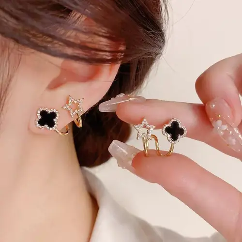 EOM Four-leaf Clover Star Stud Earrings, Micro-Pave Zircon Design, Chic Fashion Jewelry, Elegant Earrings for Women