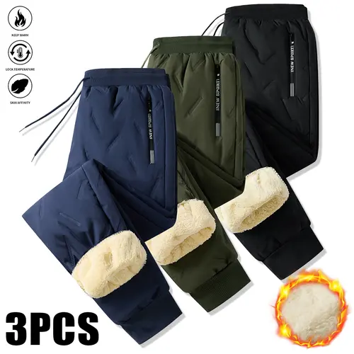 Men's Thick Warm Trousers - Close-Fitting, Cold-Resistance, Mid-Waist Drawstring, Thick Pocket, Polyester Clothes, Casual Black, Side Pockets, Suitable for Office Work & Outdoor Activities