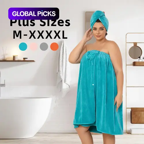 2-Piece Set Oversized Bathrobe + Dry Hair Cap, Adjustable Velcro, Bowknot Decor, Fits M-Xl, Reusable for Home Travel Steam Spa