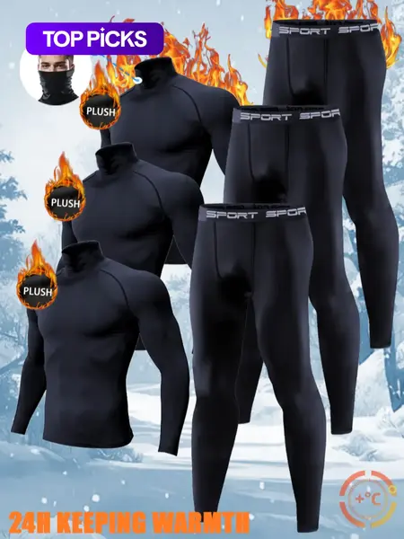 Men's 6-Piece Warm Tech Fleece Base Layer Set, Thermal Lined Sportswear, High Neck Tight-Fitting Long Sleeve Top & Pants, Fleece-Lined Stretchy Sports Underwear, Winter Training, Skiing, Running