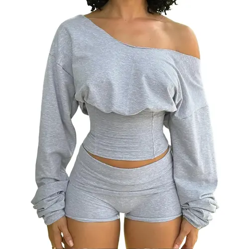 Women's Solid One‑Shoulder Long‑Sleeve 2‑Piece Loungewear Set, Waist‑Cinched Sweatshirt & Shorts Matching Outfit for Fall Winter Casual Fitness