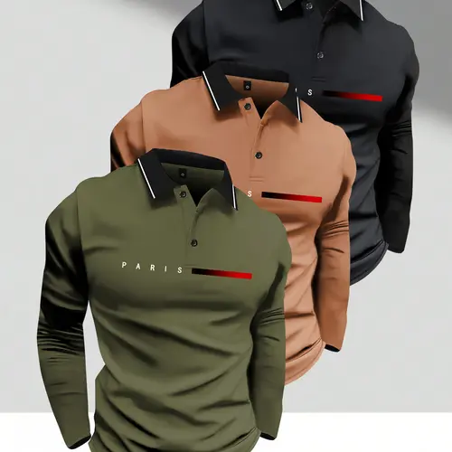 Men's Stylish 3-Pack Longsleeves Colorblock Paris Letter Print Polo Shirts - Thin, Turn-Down Collar, Buttoned, Lightweight Top for Spring & Fall Vacation Golf, Work Gift for Boyfriend/Husband