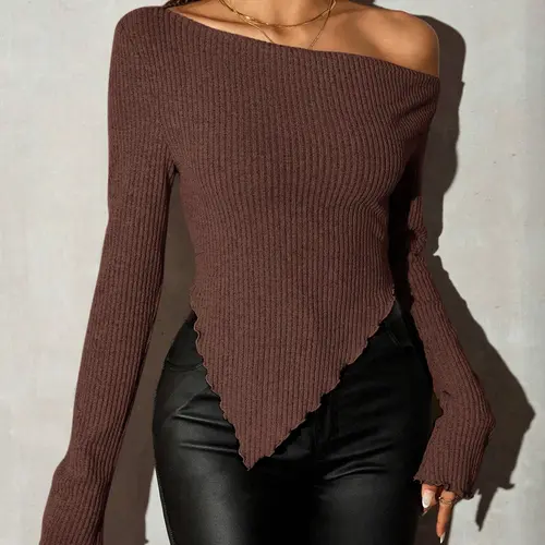 Women's Sexy Asymmetrical Neck Long Sleeve Ribbed Knit T-Shirt, Casual Plain Top for Fall, Stylish Chic Ladies Top for Daily Wear