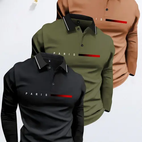 3PCS Men's Spring & Fall Casual Long Sleeve T-Shirt Polo Shirt with Paris Letter Print Pattern Fashionable Lightweight Top, Perfect Gift for Husband or Boyfriend, Suitable for Street Style, Commuting, Outdoor Activities, Vacation Wear Beige Set
