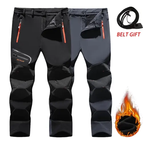 Men's 2-Pack Fitted Waterproof Softshell Fleece-Lined Pants - Belt Included, Reinforced Knees, Machine Washable, Black Fleece + Army Green, Hiking Athletic Wear, Outdoor Casual Bottoms