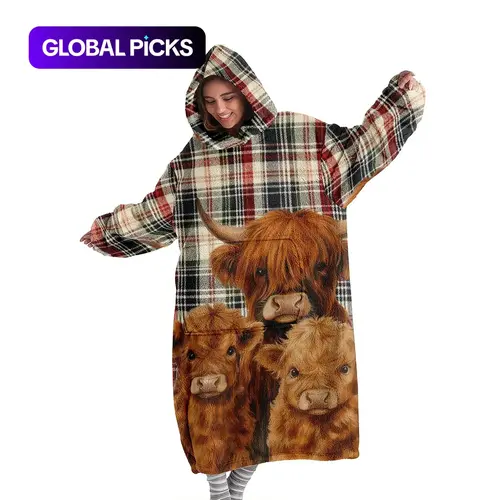 Cozy Hooded Wearable Blanket, Women's Hooded Blanket Sweatshirt, Wearable Blanket Robe, Loungewear Sweatshirt Blanket, Fashion Sleepwear, Highland Cow Print Thick Clothes for Home, Christmas and Valentine's Day Gift #GLOBAL PICKS
