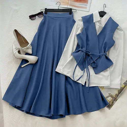 Women's Long Sleeve Collared Patchwork Shirt Dress Set, Skirt, Casual Office Wear, Elegant Two-Piece, Loose Fit, Comfortable & Stylish Design, Outfit