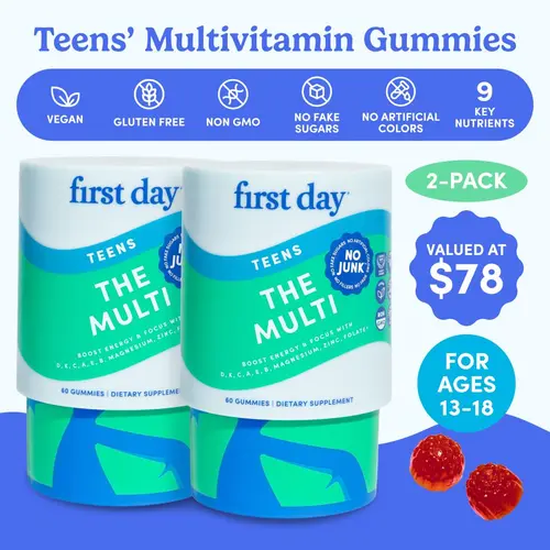 First Day Teens Multivitamin Gummies Ages 13–17 – Natural Orange Flavor, 21 Organic Superfoods + Vitamins A, C, D3, K2 & B12 – Supports Focus, Mood, Immunity & Clear Skin – Vegan, Gluten-Free, No Junk – 2-Pack, 60-Day Supply