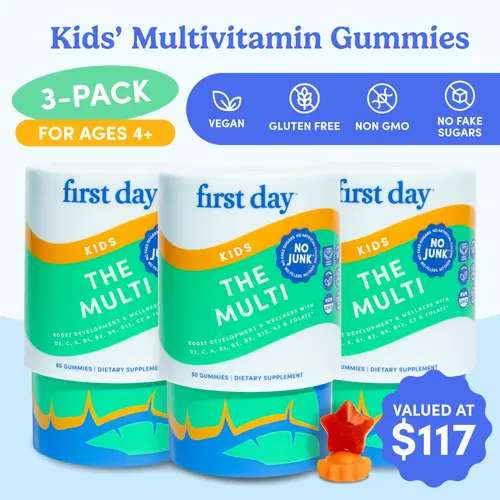 First Day Kids Multivitamin Gummies Ages 4-12 (3 Pack), Natural Strawberry Orange Flavor — 21 Organic Superfoods, 9 Key Nutrients, Vitamin C D3 B12 Folate — Immunity, Healthy Growth, Energy, Picky Eater Approved — 90-Day Supply, Vegan, Non-GMO, No Junk Gl