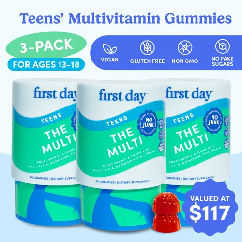 First Day Teens Multivitamin Gummies Ages 13–17 – Natural Orange Flavor, 21 Organic Superfoods + Vitamins A, C, D3, K2 & B12 – Supports Focus, Mood, Immunity & Clear Skin – Vegan, Gluten-Free, No Junk – 3-Pack, 90-Day Supply
