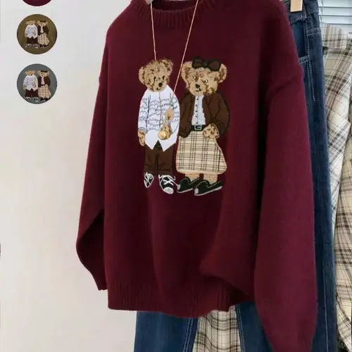 Unisex Couple Bear Embroidery Round Neck Long Sleeve Casual Knit Pullover Sweater, Loose-Fitting Cartoon Pattern, Fall & Winter Fashion, Casual Elegant Knitwear
