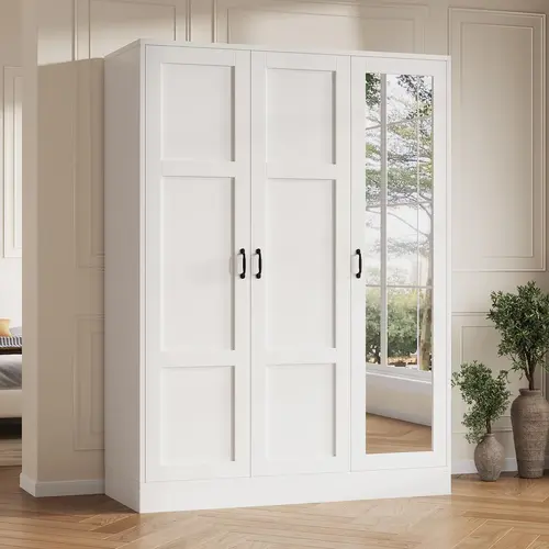 FUSOU Modern White Wood 3-Door Wardrobe Closet - Freestanding Storage Furniture with Full-Length Mirror, Adjustable Shelves, Hanging Rod, Clothes Organizer, Ships in 2 Packages for Bedroom Closet Organization,dorm essentials,home decor