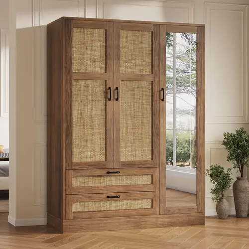 FUSOU Bohemian Charm Wooden Freestanding Wardrobe - 3-Door Armoire with Full-Length Mirror, Brown Wood Finish, 2 Drawers, Adjustable Shelves, Hanging Storage Organizer Wardrobes, Easy Assembly, Clothes/Bedding Solution (Shipped in 2 Packages), Assembly Re