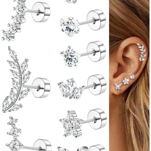 9Pcs Helix Piercing Jewellery Surgical Steel Helix Tragus Cartilage Earrings, Hypoallergenic Earring Set, Earrings With Flat Backs Studs Helix Pierced Earring Ear Conch Daith Tragus Piercing Jewellery for Women Post Earrings, Earrings Jewelry