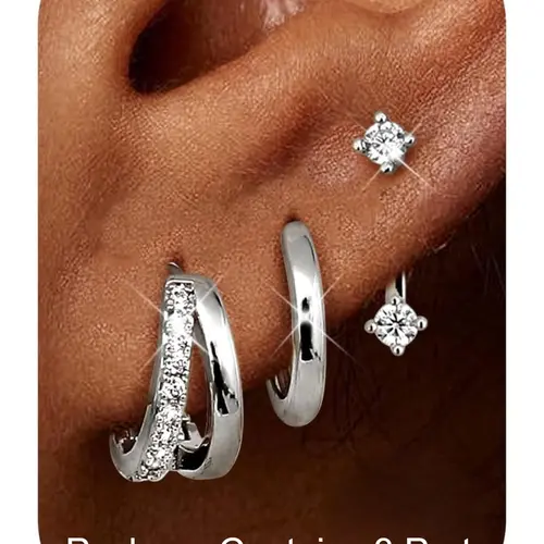 3 Pairs Stud Hoop Earrings for Women, 14k Hypoallergenic, Cubic Zirconia, Silver Color, Multiple Piercings, Casual Style, Cz Earrings, Studs Earrings