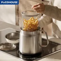 PUCOHOUSE New Model Korean/Japanese Style 304 Stainless Steel Deep Fryer with Oil Storage Jar, Frying Basket, Oil Filter Net, Compact Size, Large Capacity Great for frying French fries, chicken, tempura, skewers, pasta Can be used with an induction cooker