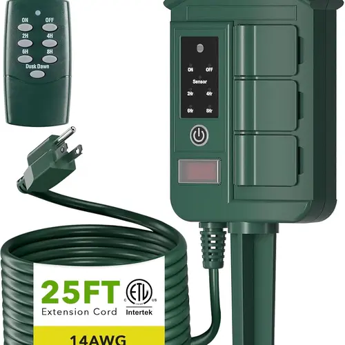 BN-LINK Outdoor Power Strip Accessories with 25FT Extension Cord, Remote Control Dusk-to-Dawn Waterproof Light Timer, 6 Grounded Outlets for Halloween/Christmas Decorations, 15A/1875W Equipment for Wireless Devices (Manufacturer Warranty Included)