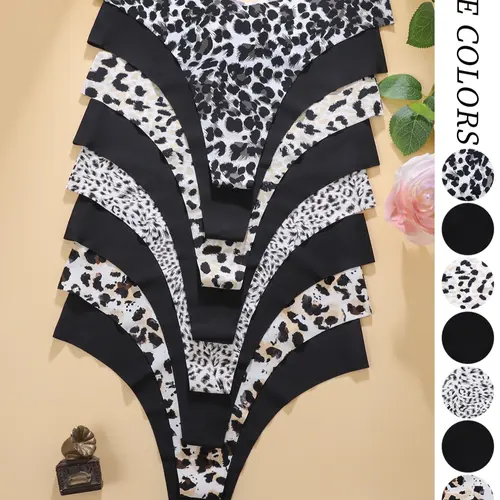 Women's Solid & Leopard Print Fitted Soft Stretch Panties Set, Seamless Knickers, Comfortable Skin-Friendly V-Shape Waist Design Elastic Knit Underwear, Casual Comfy Stretchy Panty, 8 Pieces