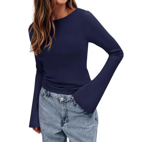 BTFBM Long Sleeve Shirts for Women 2026 Fall Y2K Clothes Casual Solid Color Boat Neck Bell Sleeve Fitted Going Out Tops
