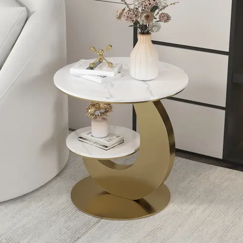 Homary 20" Round Sintered Stone Tabletop 2-Tier Gold Half-Moon Modern Accent Side Table - Living Room Decor, Indoor End Table Furniture,dorm essentials,home decor