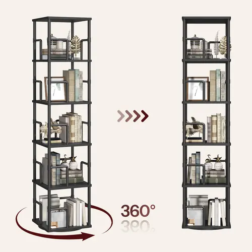 MAHANCRSI 360° Rotating Bookshelf, 5-Tier Spinning Bookcase, Industrial Style Storage Rack with Rails, Freestanding Corner Bookshelf, for Living Room, Bedroom, Study #SummerVibes#DealsforYouDays #SummerGarden, Books, Home Library, Metal Rails Help Prevent