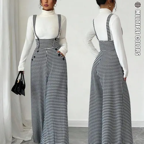 Women's Knitted Houndstooth Print Flowy Wide Leg Overall Jumpsuit, Fashionable Chic Elegant Casual Sleeveless Womenswear, All Seasons, Casual Jumpsuit Overalls