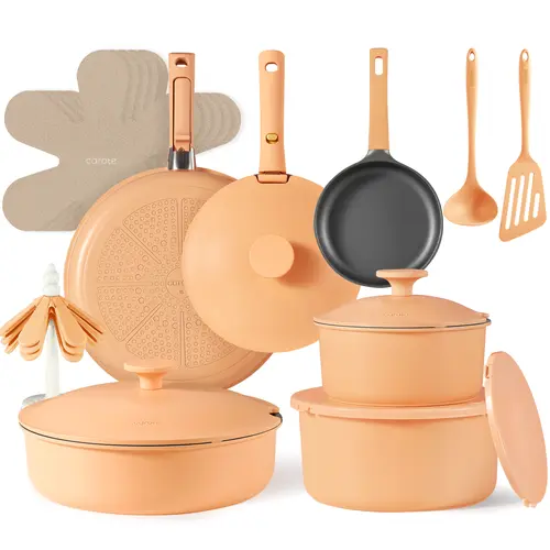 [Official] CAROTE 24pcs Nonstick Cookware Set with Removable Handles, Dishwasher Oven Fridge Safe, Stackable, Orange/Dark Gray Cookware