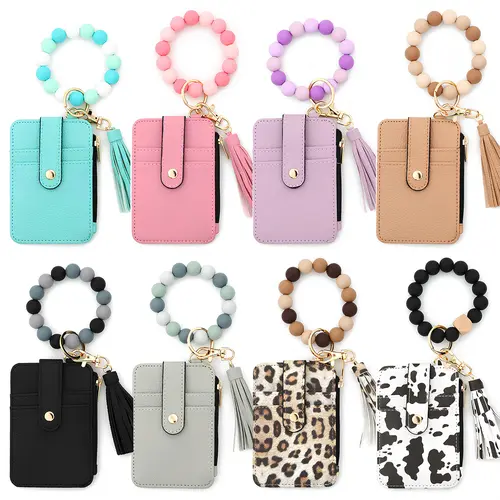 Women's Boho Style Bracelet Wristlet Wallet Credit Card Holder RFID, Tassel Decorated Keychain with Flower Pattern Wallet,Chic Gorgeous Keychain for Key & Bag,Clip PU Leather Credit Card Multi Slot Card Bag,back to school,back to school haul