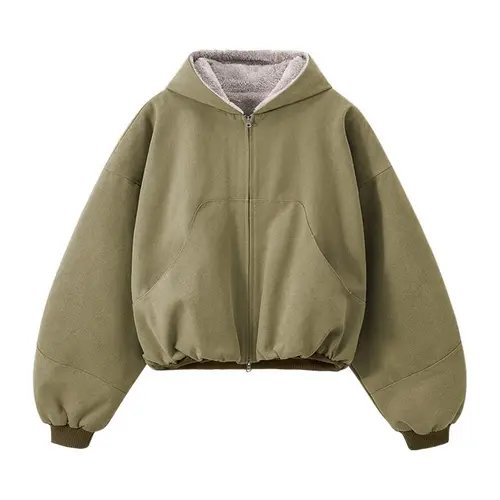 Inflation Men's Colorblock Plush Zip-Up Hoodie Jacket - Winter Retro Vintage Streetwear, Baggy Boxy Cut Casual Comfy Long Sleeve Cropped Clothes, Green Menswear Top