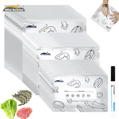 【Refrigerated Food】Reusable Aluminum Foil Sealable Storage Bags, Aftersunrise 2026 New Resealable Vacuum Zipper Pouches for Food, Stand Up Foil Sealable Bags with Label and Zip Lock for Vegetable Fruit Meat