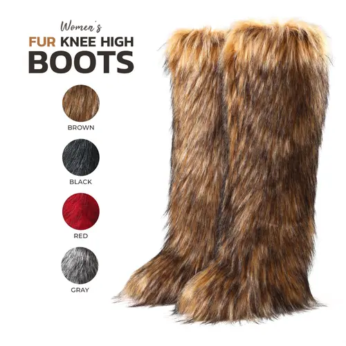 Womens Faux Fur Knee High Boots Round Toe Flat Heels Pull On Chic Cozy Warm Comfortable Stylish Trendy Fashion Party Dress Date Casual Outdoor Vacation Travel Street Style Tall Long Boots