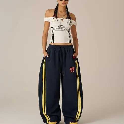 AELFRIC EDEN Men's Oversize Low-Rise Striped Cotton-Blend Athleisure Sweatpants - Heart Embroidery, Pockets, Vintage Retro Sport Style, Fashion 77 Street Energy Basics, Size M, Sexy,clothes for back to school,first day of school outfits