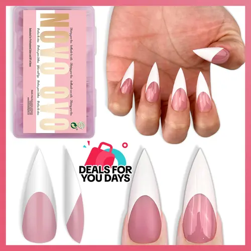 NOVO OVO Soft Gel Full Cover Press on Nails - Sharp Stiletto Shape, Medium/Long Length, Square Thumb Cut, 16 Sizes, Multi-Pack for Salon DIY Nail Decor, Easily Pressed and Trimmed Fake Nails【DOES NOT INCLUDE: LIGHT, GLUE, BUILDER GEL】, Pre-Designed