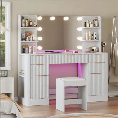 PUNICE Modern Makeup Vanity Desk - 51.8" Fluted Natural Oak Makeup Vanity with Adjustable LED Mirror, 5 Large Drawers, Glass Top, Charging Station for Women, Bedroom or Dorm