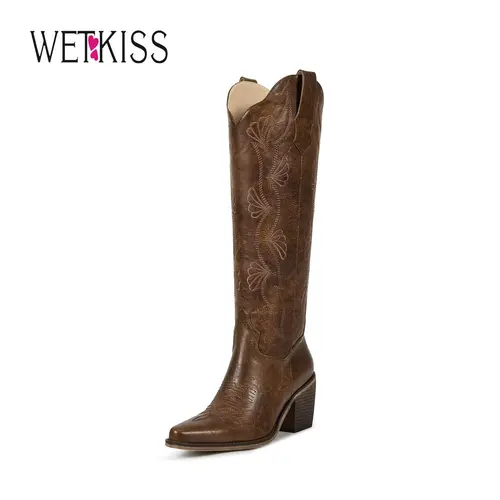 Wetkiss Women’s Knee High Western Boots, Ginkgo Leaf Embroidered Cowboy Style with Chunky Heel and Convenient Side Zip Design, Women's Shoes,Women's Boots, shoes for back to school#WeeklyDeals#tiktokshopbacktoschool