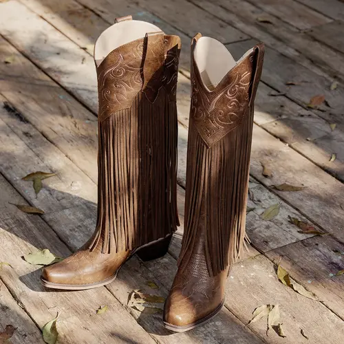 Wetkiss Western Cowgirl Chic Meets Casual Cool – Stud & Tassel Block-Heel Boots Perfect for Dresses & Denim,2.1in heel,Brown Tones All-Year Wear, Women's Shoes, Women's Boots Footwear , shoes for back to school#WeeklyDeals#tiktokshopbacktoschool