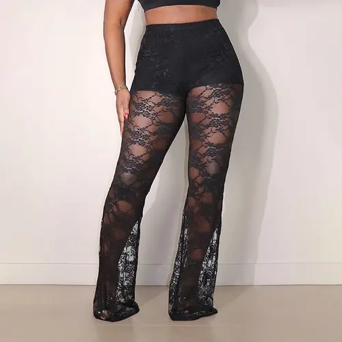 CHICME Women's Casual Elastic Waist Lace Overlay Trousers High Waist Sexy Flared Pants with Built-In Shorts