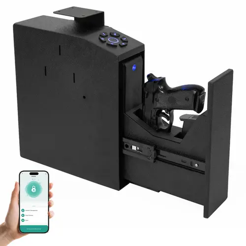 Steelite Alloy Biometric Hidden Mount Security Safe - Mini, Anti Theft, LED Light, Auto-Open, Fingerprint, 4-Button Backlit Keypad, Emergency Key, for Nightstand & Desk, Home Use, Anti Theft Safes, Biometric Security Safe