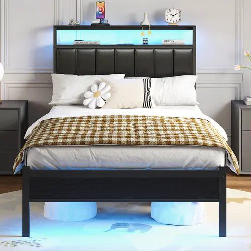 PUNICE Modern Wooden Headboard PU Leather Bed Base (Black) - Metal Frame with LED Lights, Charging Station, Bedside AC Outlet, 2-Tier Reversible Storage, Under Bed Storage, Easy Setup, Bed Frames