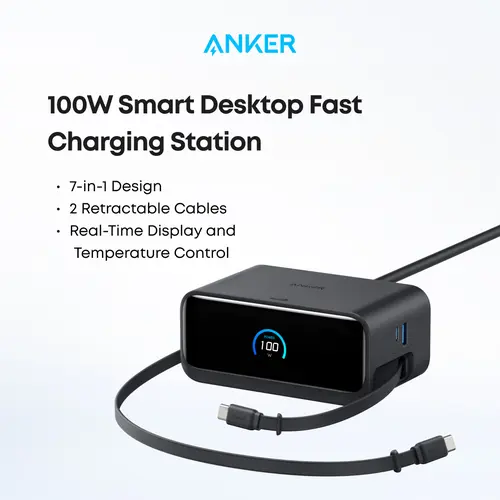 [Limited Offer]Anker Nano 7-in-1 USB-C Charging Station with 2.3ft InstaCord, 3 USB-C, 3 AC Outlets, 1 USB-A, 100W Desktop Power Strip for iPhone 17/16, MacBook, and More, Perfect for Multitasking sohochic,back to school,back to school haul