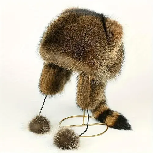 Unisex Y2K Inspired Faux Fur Raccoon Tail Winter Hat, Detachable Fluffy Earmuffs, Hypoallergenic Material, Machine Washable for Cold Weather Outdoor Wear, Cozy Street Style Accessory, Fur Hats, Casual