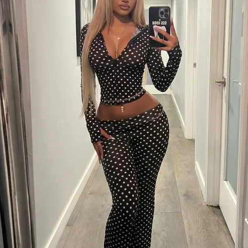 Women's Top & Pants Two-piece Set, Matching Clothing Set, Boss Babe Outfit, Polka Dot Print Zip-Up Extra Long Sleeve Hooded Sweatshirt Top & Flare Leg Long Pants Set, Spring Fall Winter Casual Set