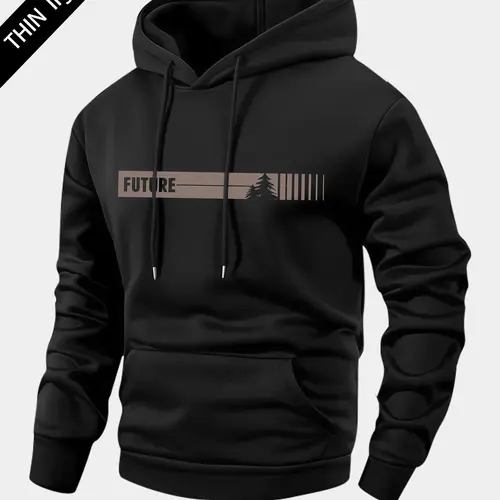 Men's spring and autumn thin long-sleeve pocket personalized letter coconut tree pattern print hooded sweater fashion casual sports street trendy brand outdoor men's headwear, suitable as a gift for husband or boyfriend
